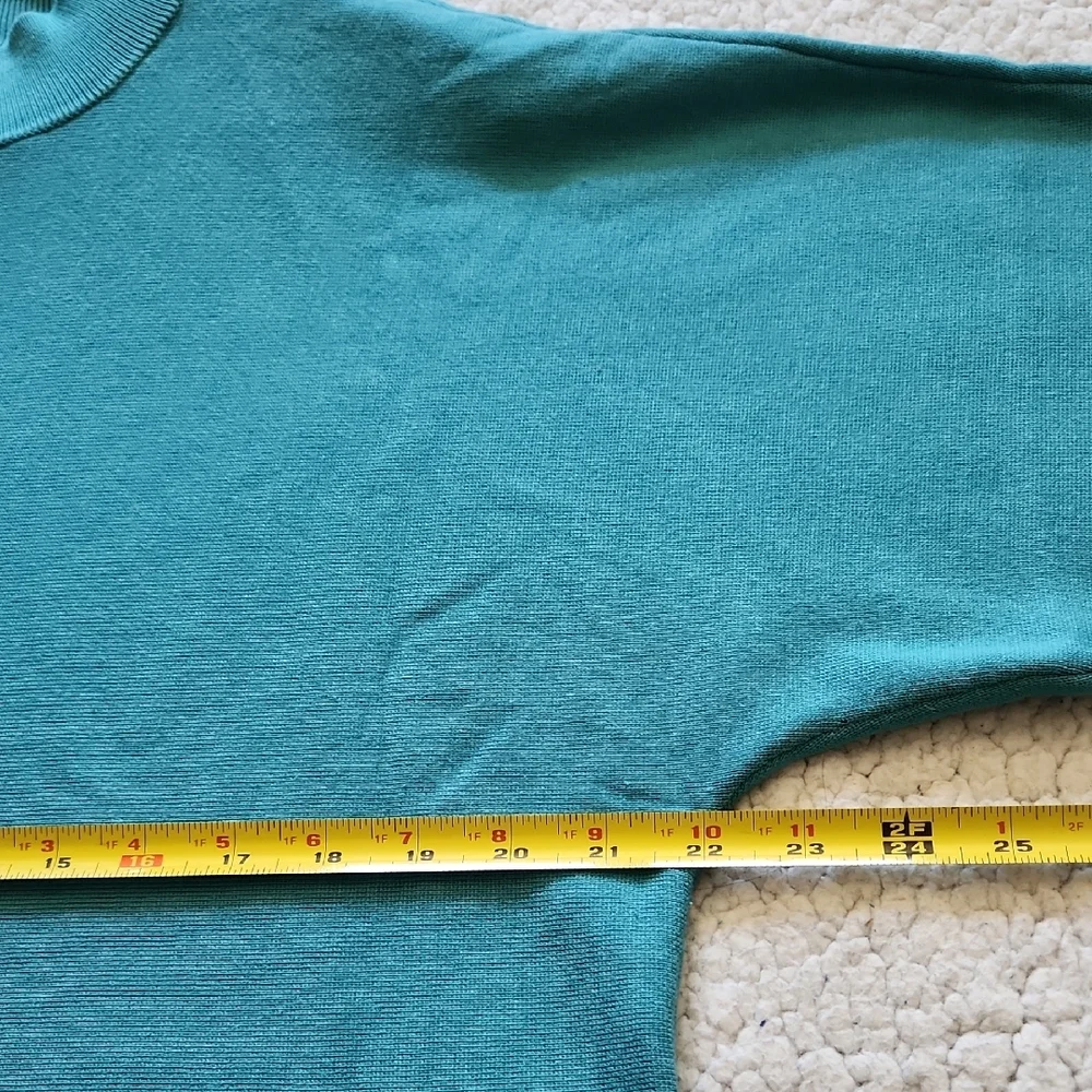Chico's Teal Sweater Short Sleeve Mock Neck Wide Elbow Sleeves Sz L (2) Soft - Picture 13 of 16